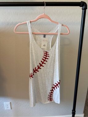 Baseball Stitch Graphic Tank Top - Light Heather Gray with Red Stitching
